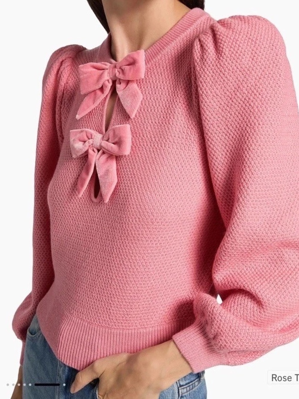 Alice + Olivia Doris Puff sleeve bow knit wool rose tea pink pullover sweater